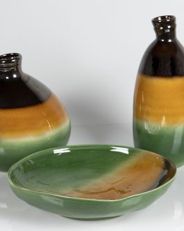 Florero cerámica dorado, naranja, verde 16x16x37 cm