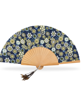 Abanico de madera pulida tela flores