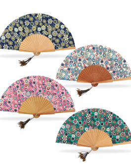 Abanico de madera pulida tela flores