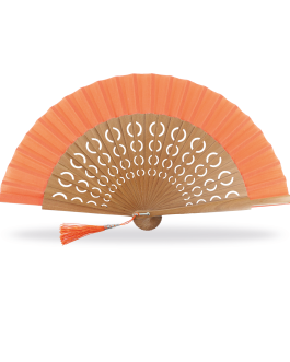 Abanico de madera calado círculos pompón 23cm